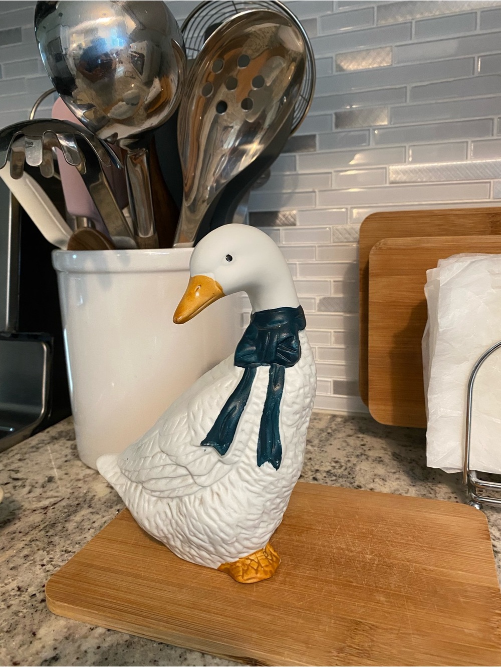 White Ceramic Goose Figurine with Navy Scarf